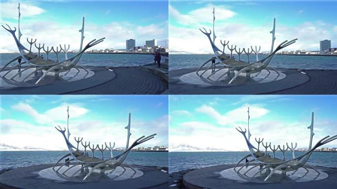 平移镜头: 冰岛雷克雅未克的Solfaris太阳旅行者雕像纪念碑雕塑