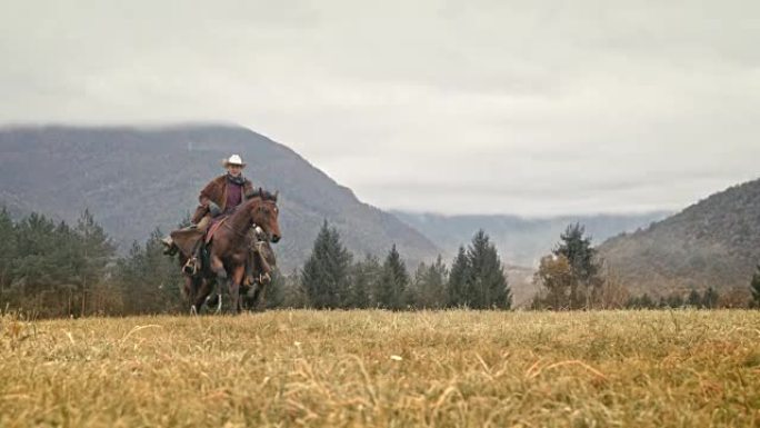 SLO MO两名牛仔在山上骑着奔腾的马