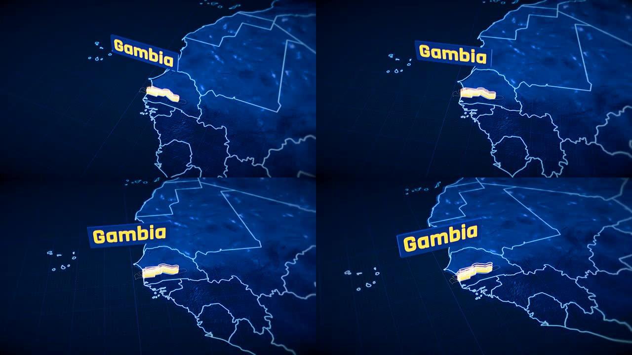 冈比亚国家边界3D可视化，现代地图轮廓，旅行