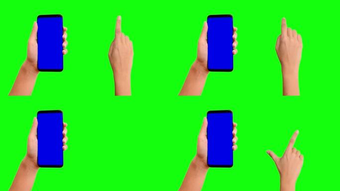 手握智能手机，触摸在色度键绿色屏幕上滑动