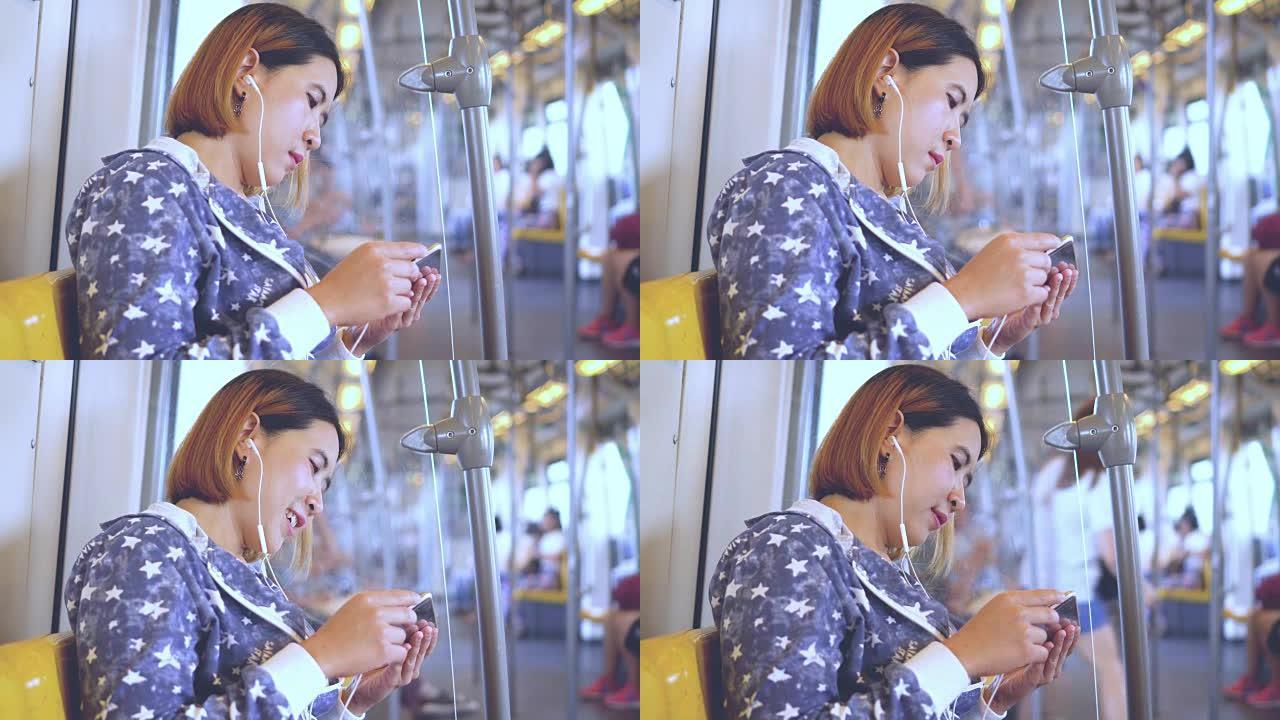 女人在火车上听音乐