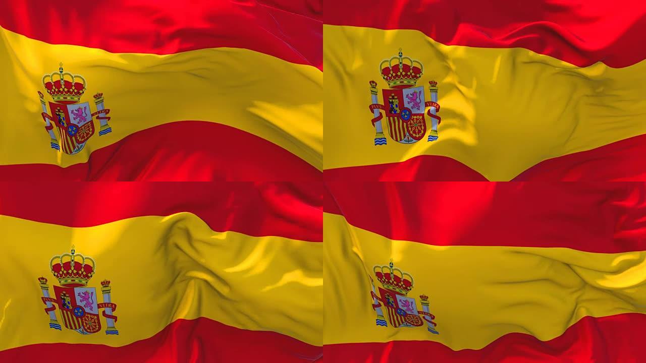 西班牙风浪慢动作动画。4K逼真的织物纹理旗帜平稳吹在一个刮风的日子连续无缝循环背景。