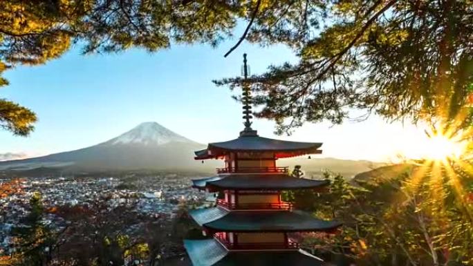 日本富士吉田Autum的带红塔的富士山
