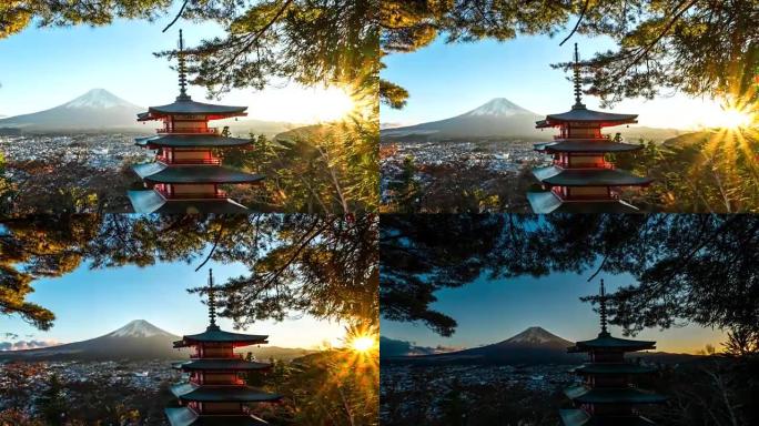 日本富士吉田Autum的带红塔的富士山