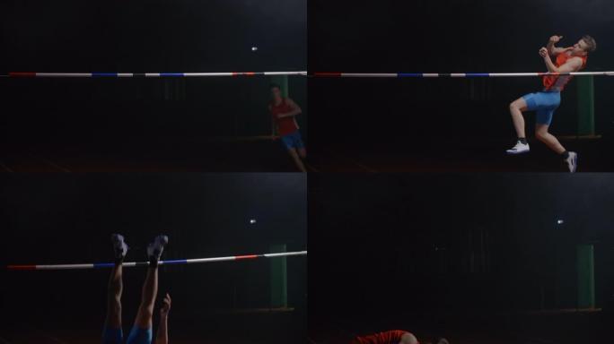 慢动作: 男跳高失败，失误，击中横杆