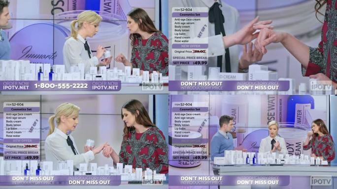 美国商业广告蒙太奇: 女性在商业广告节目中展示化妆品线，同时与男性主持人交谈并解释产品