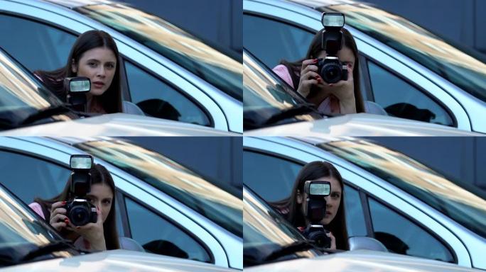 年轻女子偷偷拍照藏在车后，小报摄影新闻