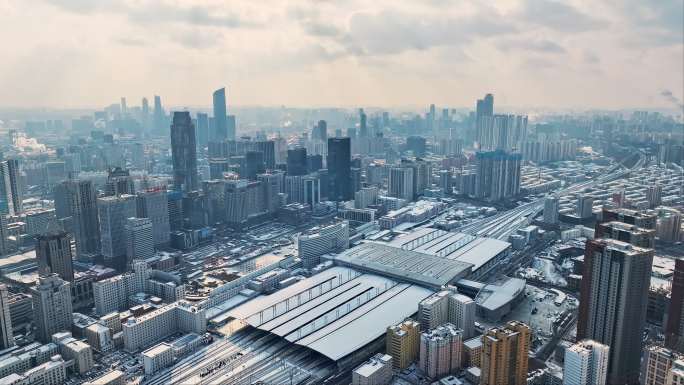 辽宁沈阳北站冬季雪景航拍