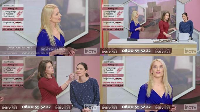 英国信息电视蒙太奇: 女性化妆师与女性主持人交谈，同时展示化妆刷并演示女性模特的用法