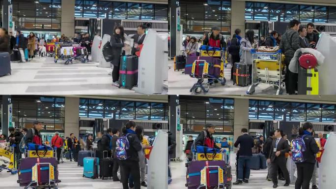 延时: 机场值机亭的旅客人群