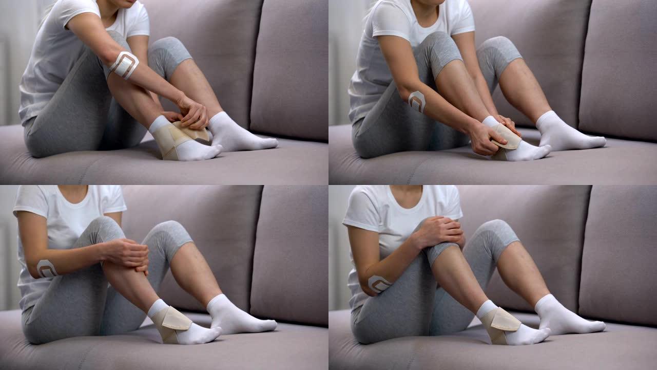 女性应用两带脚踝包裹，运动创伤后足部水肿