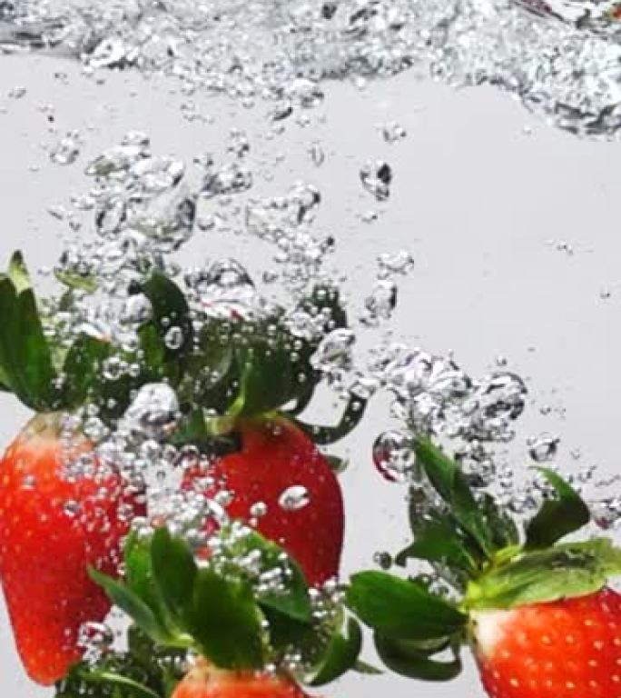 垂直慢动作: 草莓落入白色背景的淡水中