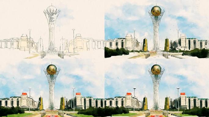 哈萨克斯坦水墨水彩过程