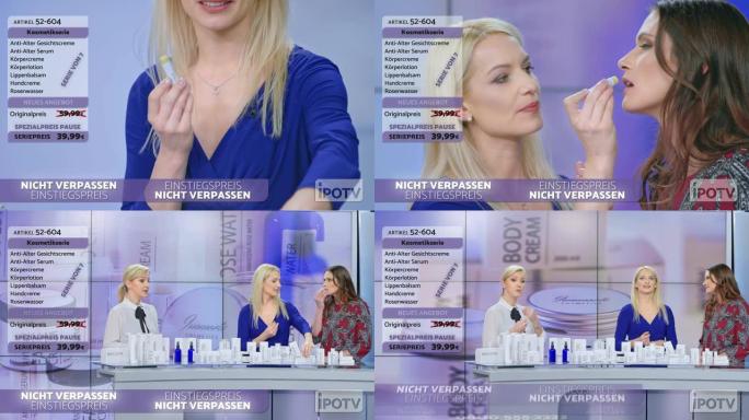 德语中的电视广告蒙太奇: 女人在电视节目中从化妆品系列中拿出唇膏，在与女主持人交谈时将一些涂在女模特