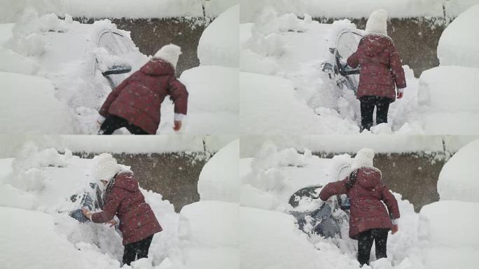 小女孩打扫雪和汽车