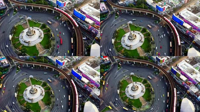 鸟瞰图的胜利纪念碑在黄昏曼谷，泰国