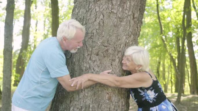 幸福的成熟夫妇拥抱着茂密的树，互相抚摸着对方的手。