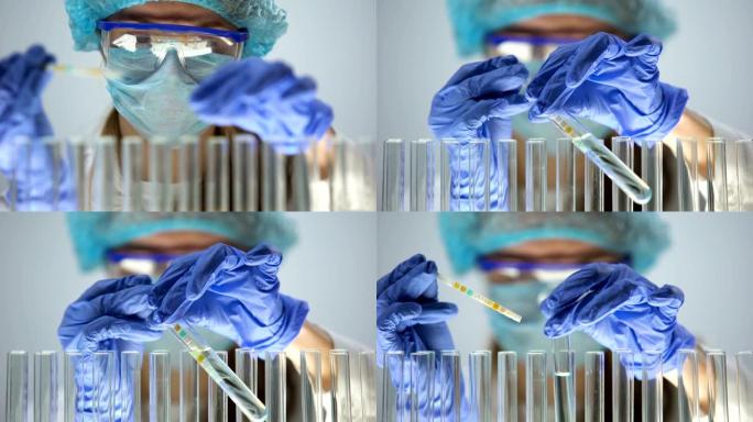 化学家用石蕊试纸检查蓝色测试液中的酸度水平，对照