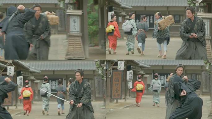 武士和忍者。日本复古小镇。