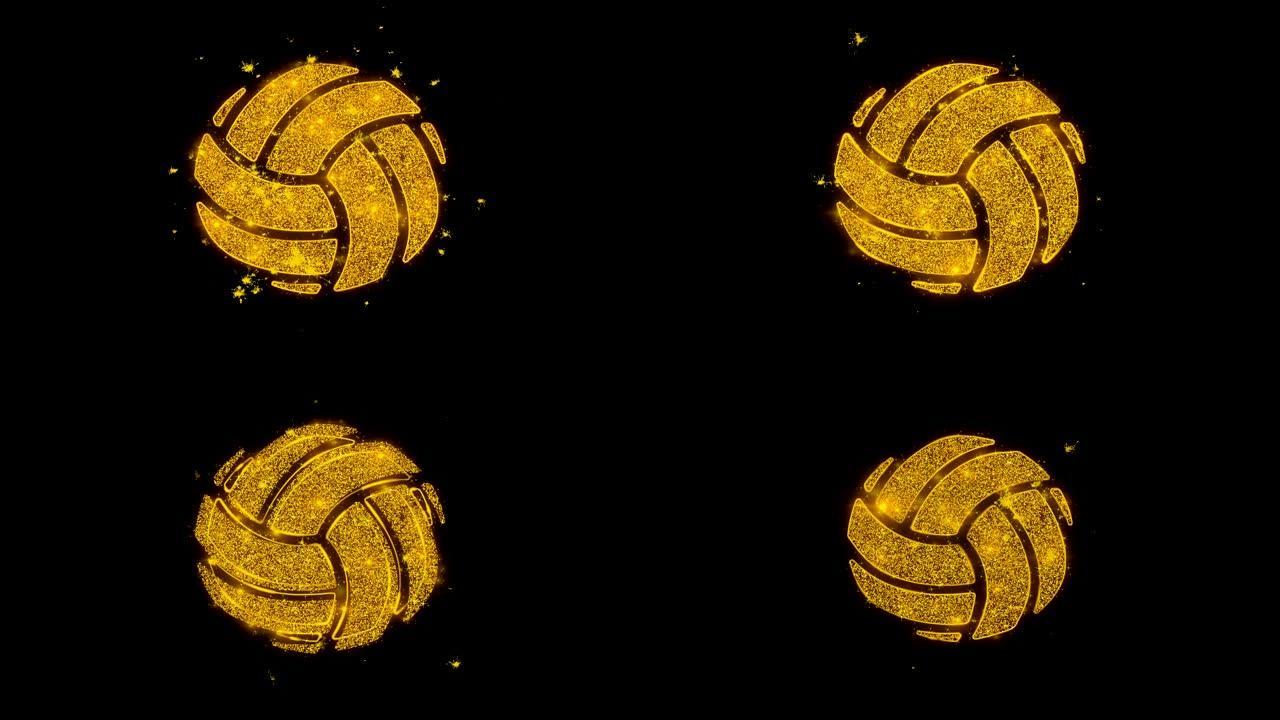玩排球游戏球图标在黑色背景上火花粒子。