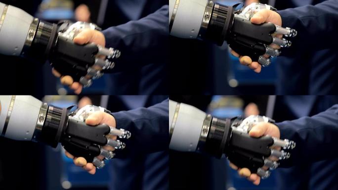 商人的手与Android机器人握手。