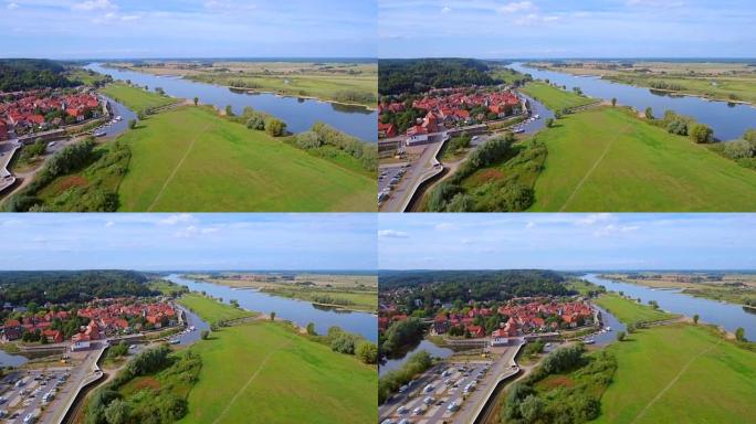 德国下萨克森州希扎克尔镇和易贝河的鸟瞰图
