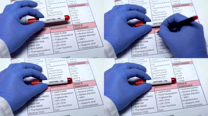 血脂谱，医生在实验室空白中检查疾病，显示血液样本