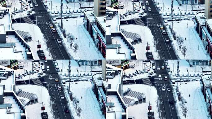 辽宁沈阳冬季雪天城市街道马路航拍