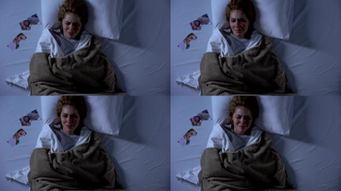 哭泣的女人脸上带着伤口躺在床上，枕边有撕破的照片，分手
