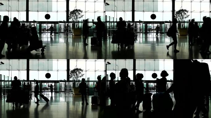 现代机场的人群，一群带着行李的乘客