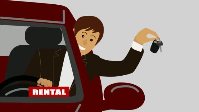 穿着西装的微笑白人男子从车窗外看并展示钥匙的2D动画。租赁标志在挡风玻璃上。汽车业务。