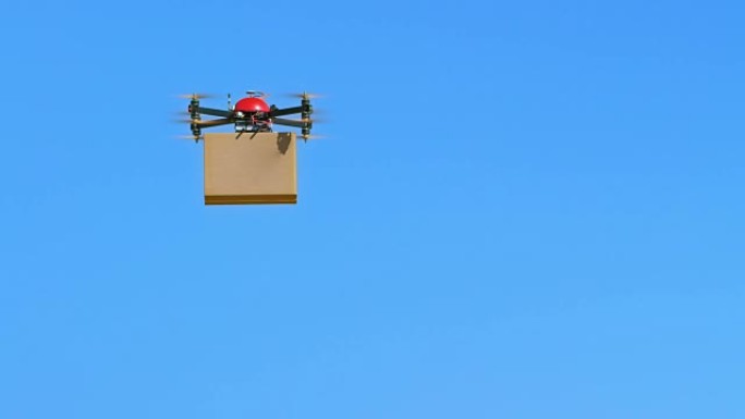 SLO MO无人机在晴朗的蓝天上携带包裹