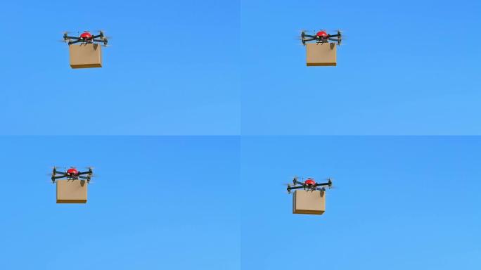 SLO MO无人机在晴朗的蓝天上携带包裹