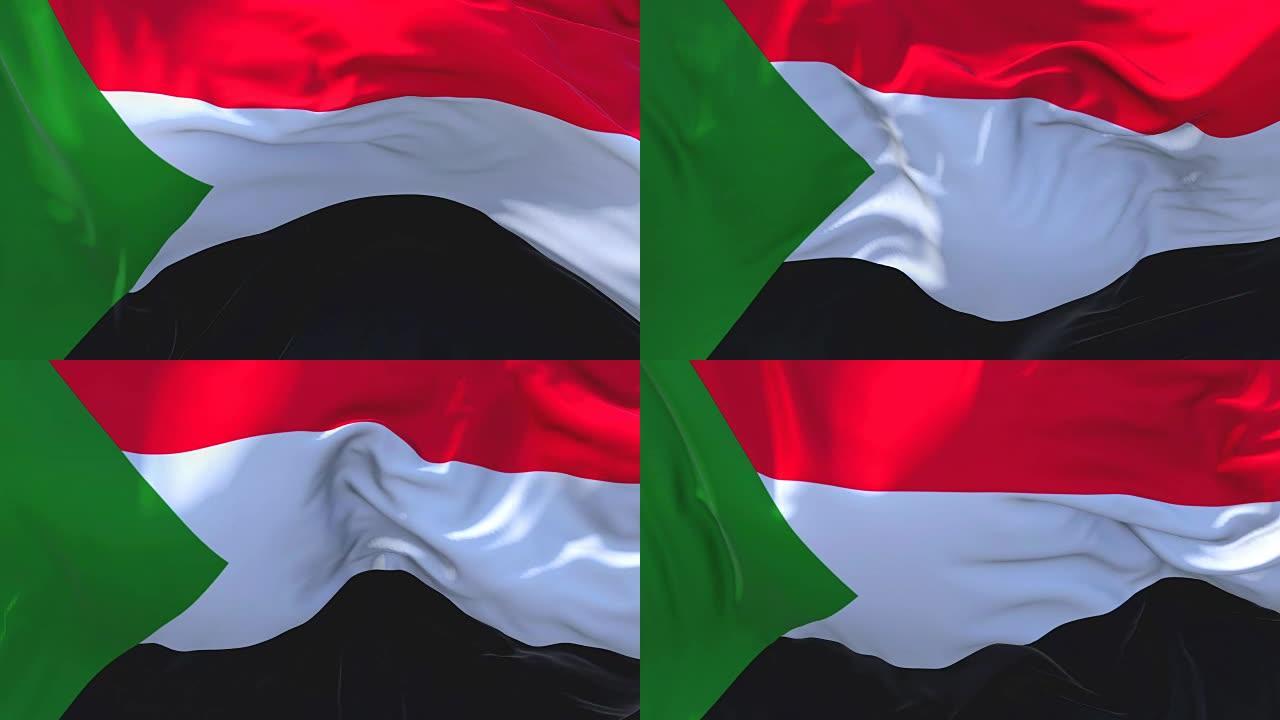 苏丹国旗迎风飘扬的慢动作动画。4K逼真的织物纹理旗帜平稳吹在一个刮风的日子连续无缝循环背景。