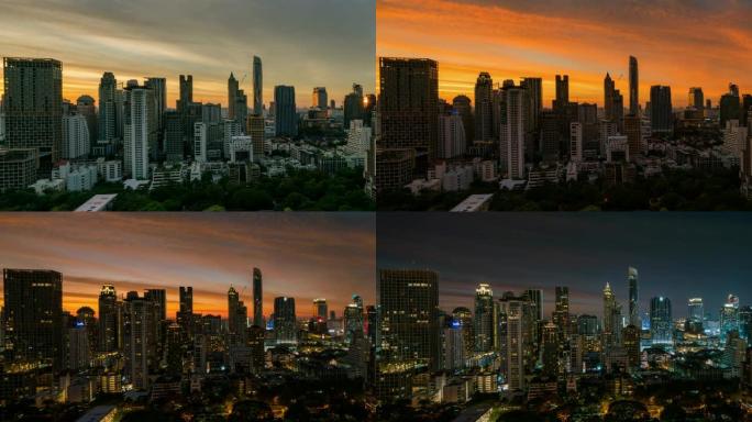 泰国曼谷市中心素坤逸路商业中心的曼谷天际线和带日落天空的摩天大楼日夜鸟瞰图。