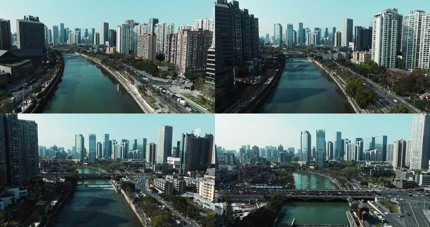 锦江河道航拍成都九眼桥市中心美丽城市景观