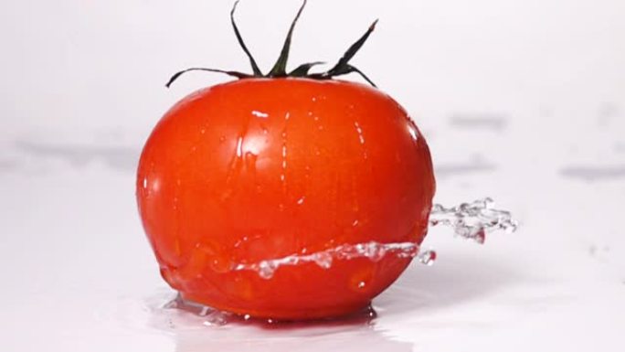 超级慢动作: 西红柿掉落在地板上，溅水