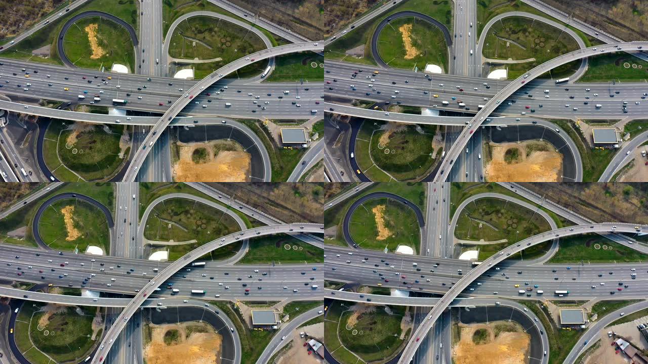 莫斯科高速公路交叉口交通步道的鸟瞰图。