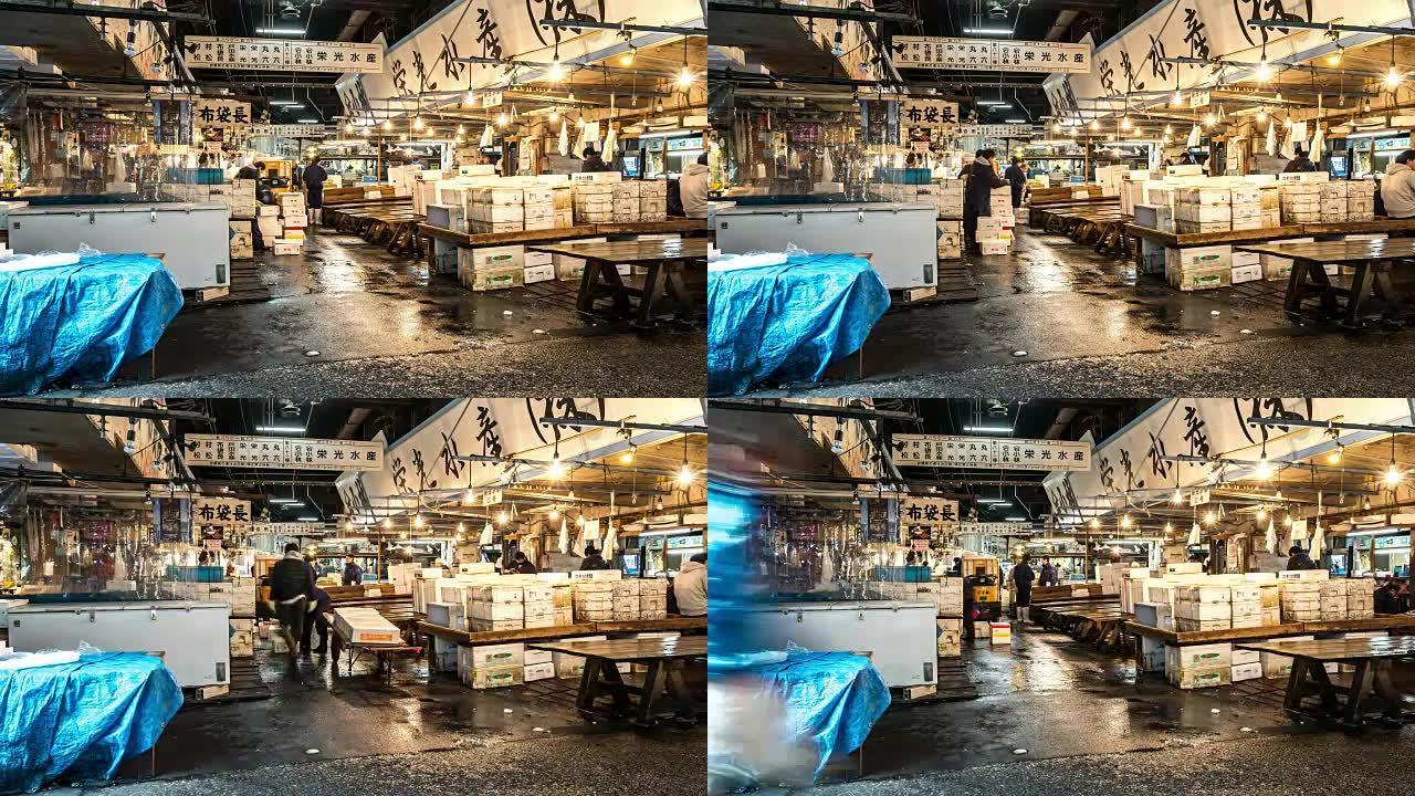 延时: 行人在日本东京筑地鱼市场拥挤