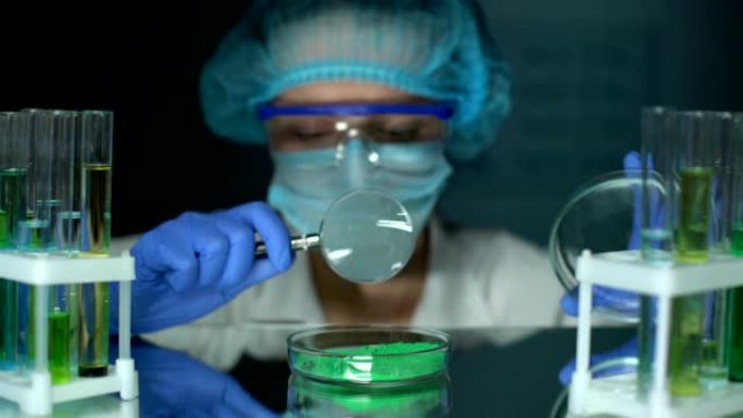研究人员用放大镜分析培养皿中的绿色粉末颜料