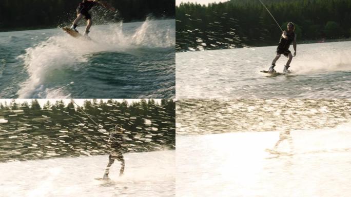在一个阳光明媚的下午，一名二十多岁的白人男性在蒙大拿州维克多附近的格伦湖的滑水板上跳跃并表演技巧