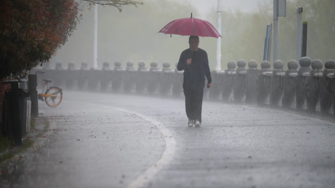 4K狂风暴雨中撑伞艰难行走的路人升格空镜