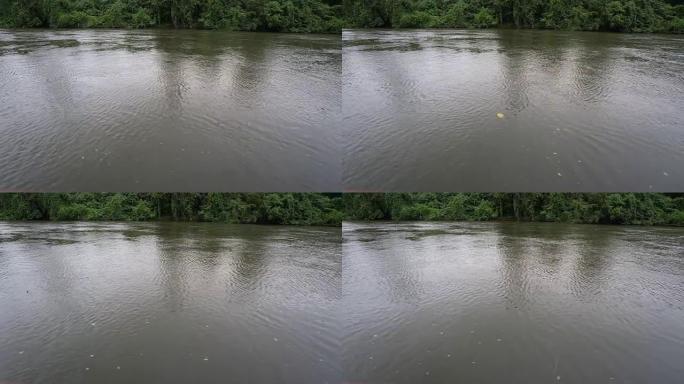 雨水落下，河水在河里流动。