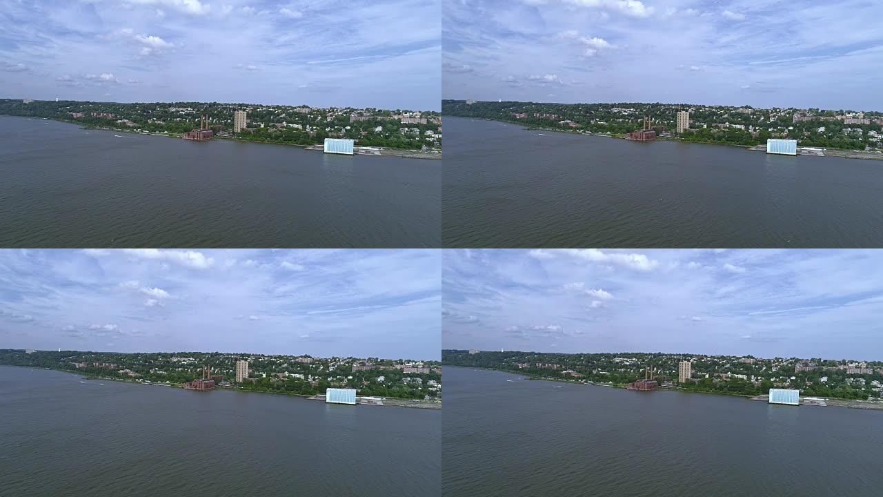 哈德逊河上的纽约州扬克斯全景。包括纽约中央铁路发电厂。空中无人机视频。