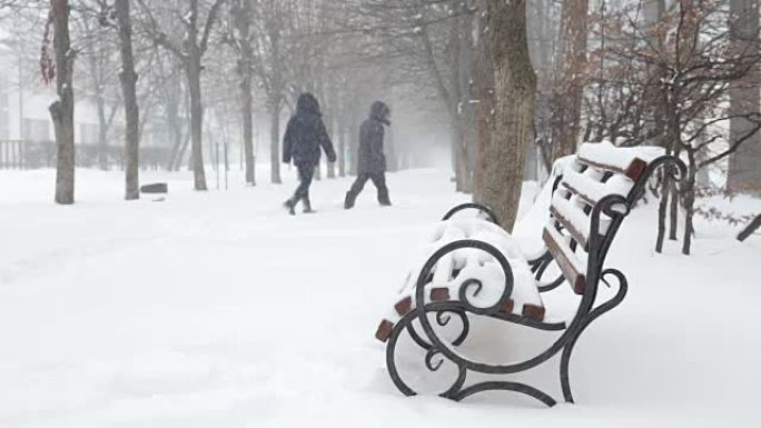 暴风雪中的冬季公园。长椅上覆盖着雪。