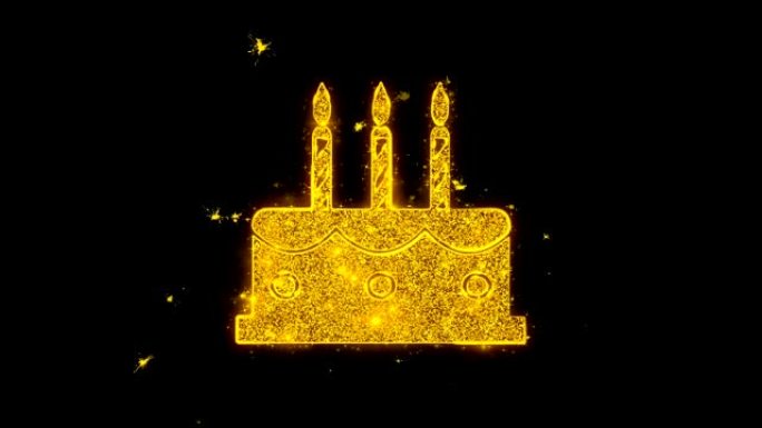 生日蛋糕图标在黑色背景上火花粒子。