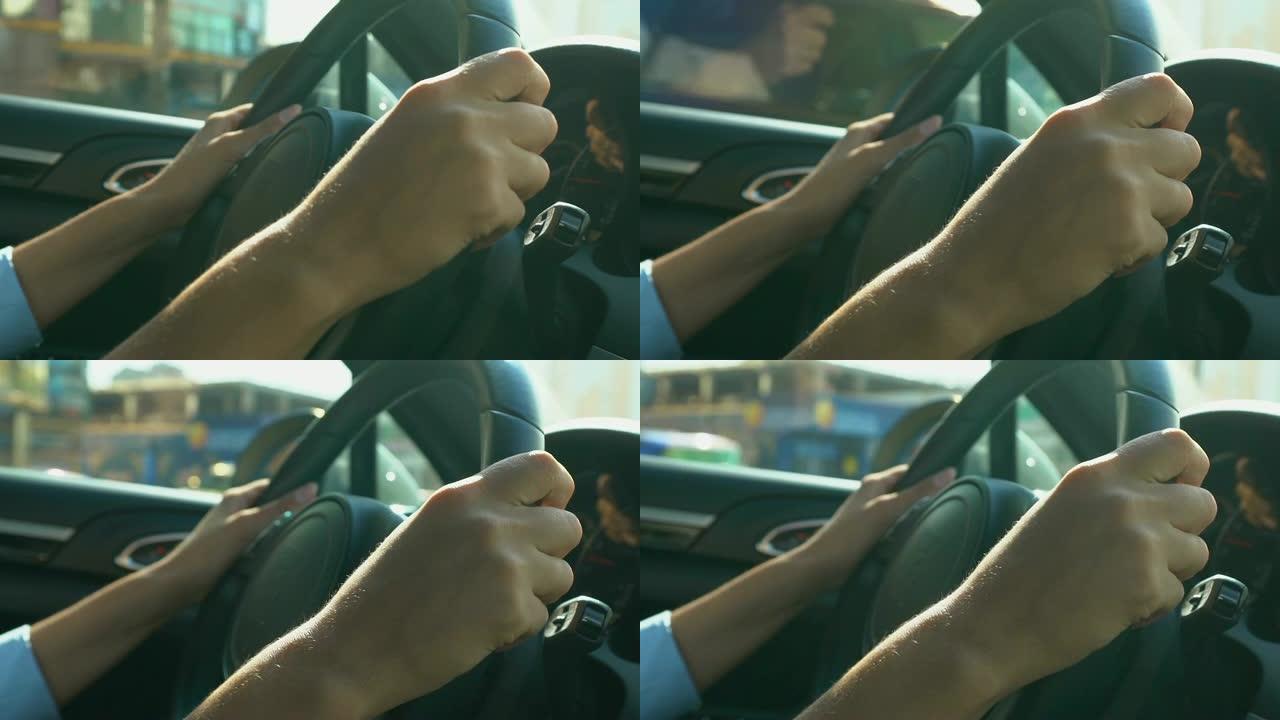 女人手握方向盘，专心驾驶汽车，交通