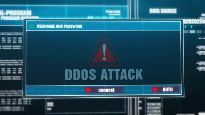 输入登录和密码后，在计算机屏幕上的数字系统安全警报错误消息上生成DDoS攻击警告通知。网络犯罪，计算