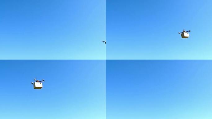 LD无人机在晴朗的蓝天上运送一个盒子