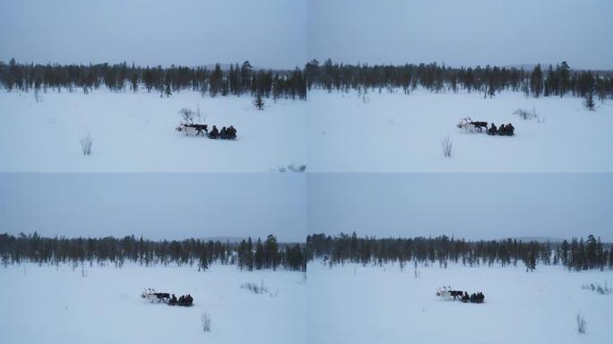 人们坐在深雪上的驯鹿雪橇上